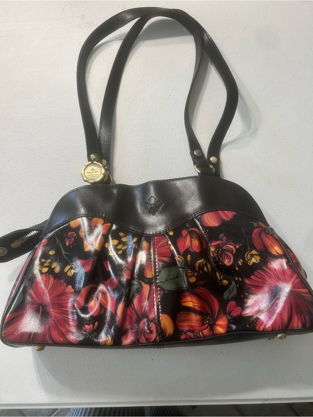 Patricia Nash Black Shoulder Bag with Red and Pink Floral Print